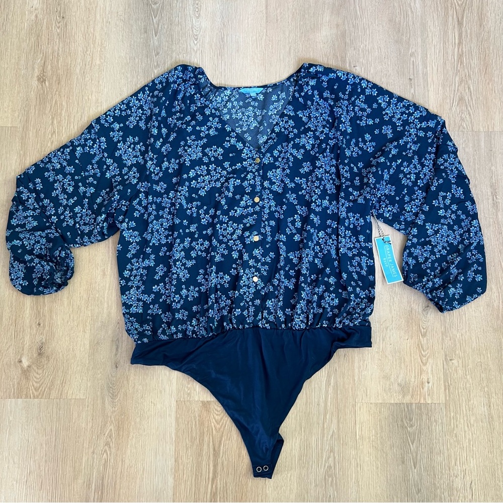 NWT 3X Draper James Rsvp Blue Flower Print V-Neck Long Sleeve Bodysuit